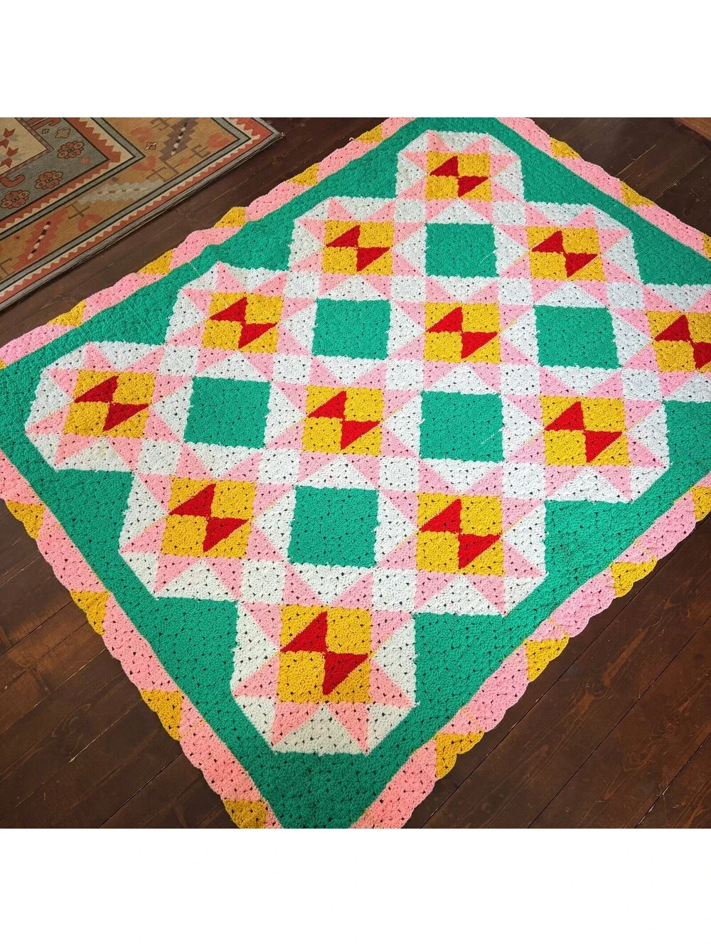 Colorful Crochet Blanket Throw Afghan with Geometric Pattern Handmade 6x9